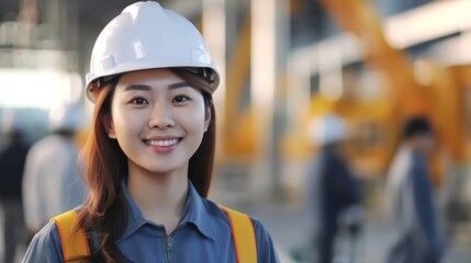 Beatiful confidence asian woman builder worker in uniform and safety helmet smilling. Labour day. 