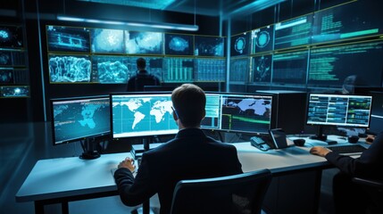 Network operations center ( NOC) with technicians monitoring network traffic, troubleshooting issues, and ensuring network performance