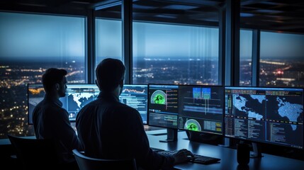 Network operations center ( NOC) with technicians monitoring network traffic, troubleshooting issues, and ensuring network performance