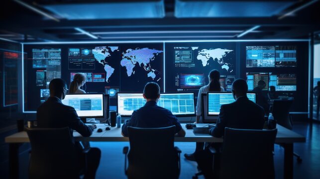 Network operations center ( NOC) with technicians monitoring network traffic, troubleshooting issues, and ensuring network performance