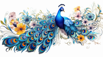 painted peacock pattern on white background illustration, vector, art, pattern, design, floral, flower
