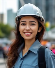 Fototapeta na wymiar Beatiful confidence asian woman builder worker in uniform and safety helmet smilling. Labour day. 