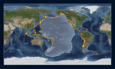 Pacific tectonic plate. Satellite. Patterson Cylindrical. Earthquakes and boundaries
