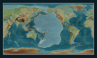 Pacific tectonic plate. Wiki. Patterson Cylindrical. Volcanoes and boundaries