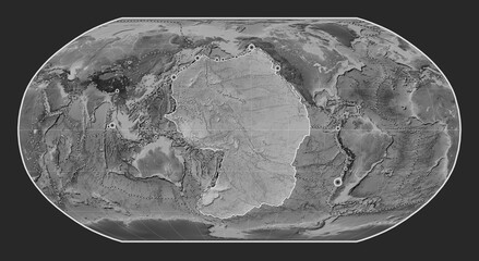 Pacific tectonic plate. Grayscale. Robinson. Earthquakes and boundaries