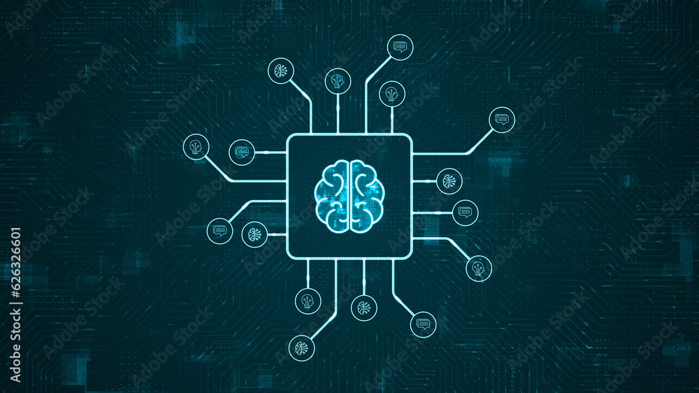 Poster blue digital brain logo and futuristic hud technology circuit board with ai icon and data transfer o