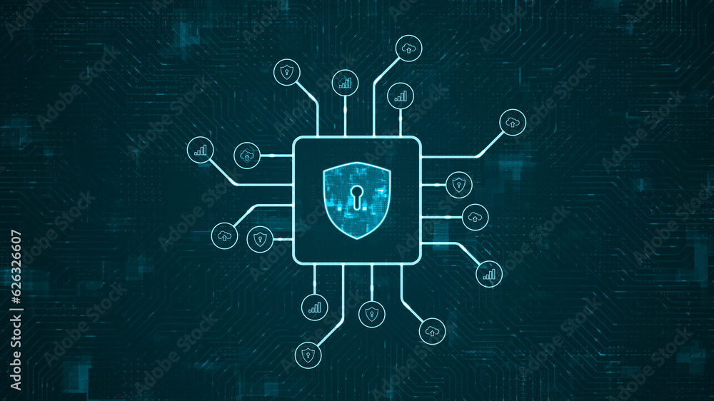Poster blue digital security shield logo and futuristic hud technology circuit board with icon and data tra
