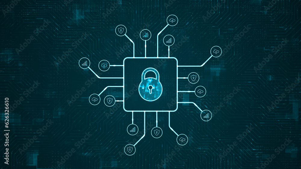 Poster blue digital security key logo and futuristic hud technology circuit board with tech icon and data t
