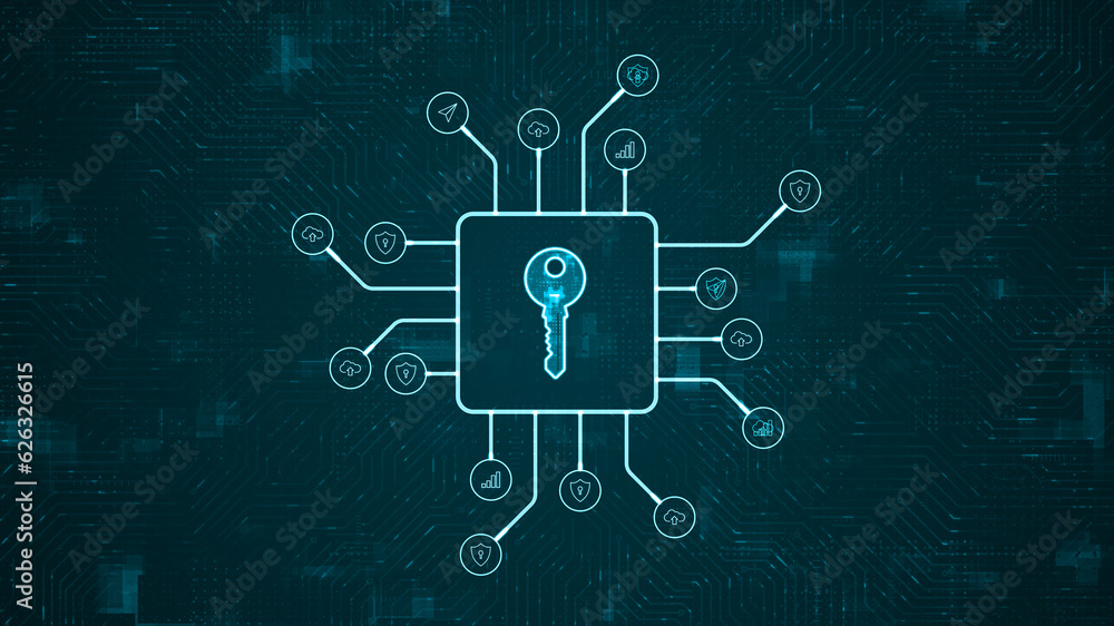 Poster blue digital security key logo and futuristic hud technology circuit board with tech icon and data t