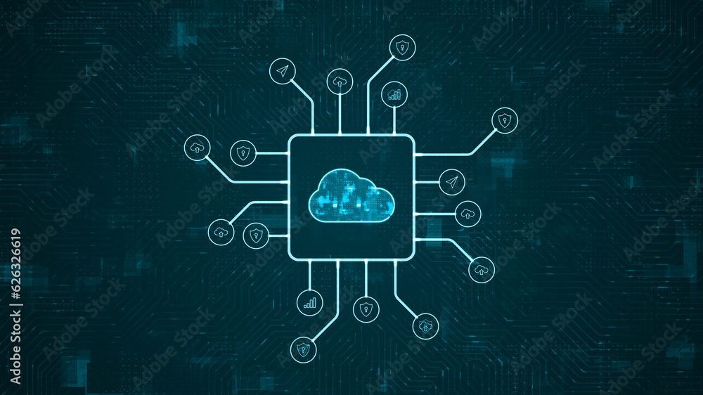 Poster blue digital cloud computing logo and futuristic hud technology circuit board with technology icon a