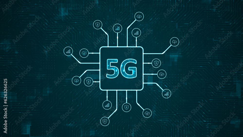 Poster blue digital 5g logo and futuristic hud technology circuit board with technology icon and data trans