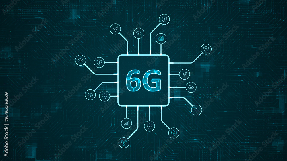 Poster blue digital 6g logo and futuristic hud technology circuit board with technology icon and data trans