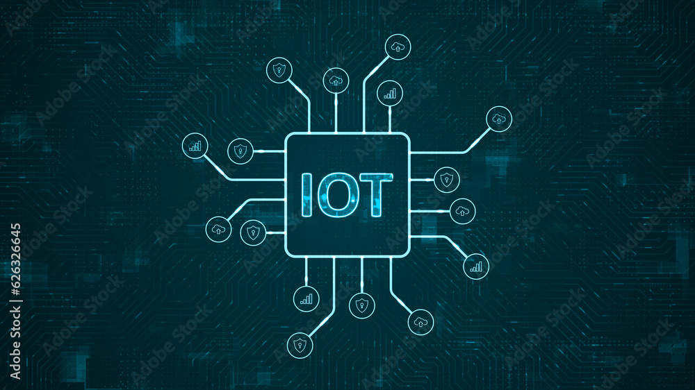 Poster blue digital iot logo and futuristic hud technology circuit board with tech icon and data transfer o