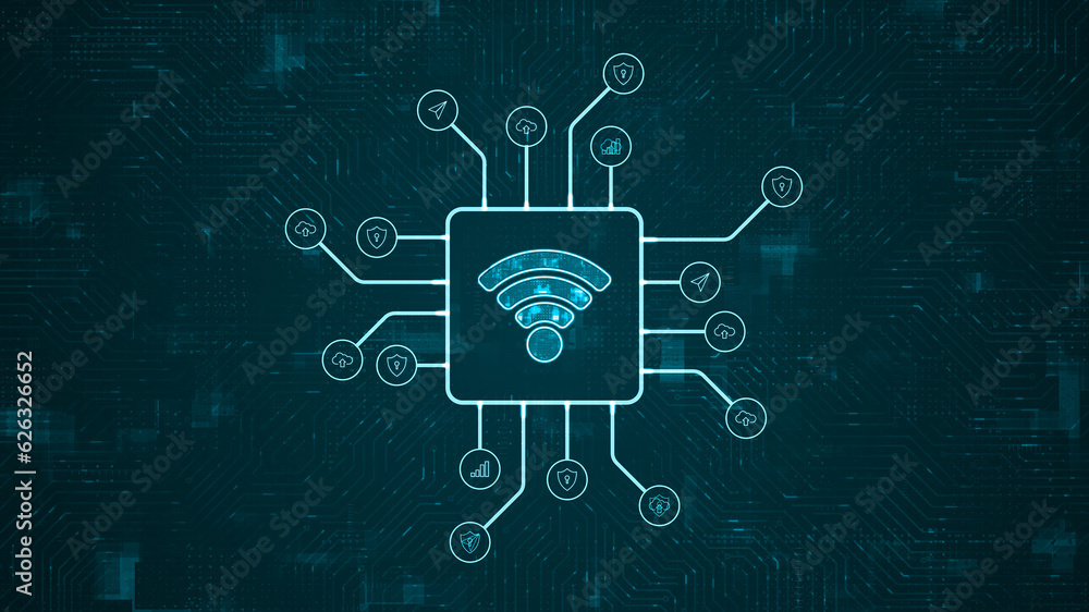 Poster blue digital wifi logo and futuristic hud technology circuit board with tech icon and data transfer 