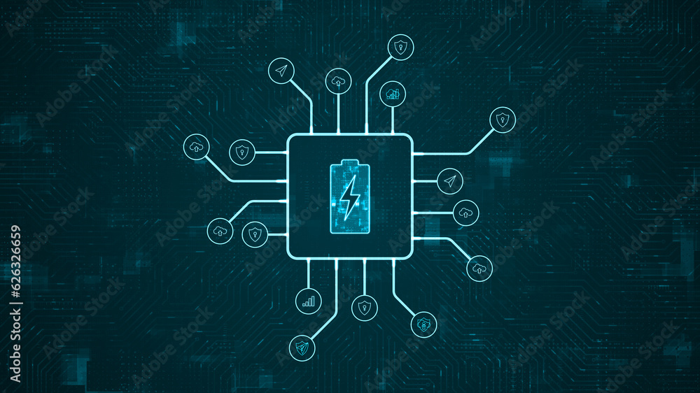 Poster blue digital battery logo and futuristic hud technology circuit board with tech icon and data transf