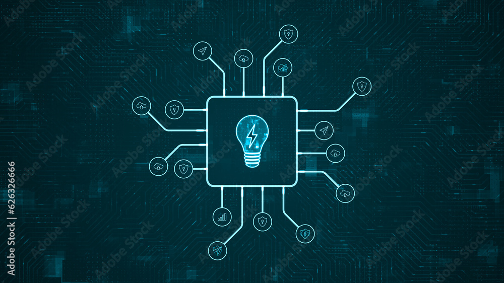 Poster blue digital lamp logo and futuristic hud technology circuit board with tech icon and data transfer 