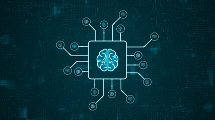 Blue digital brain logo and futuristic HUD technology circuit board with ai icon and data transfer on abstract background with Ai chatbot and machine learning technology concepts