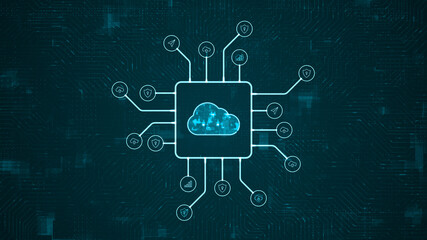 Blue digital cloud computing logo and futuristic HUD technology circuit board with technology icon and data transfer on abstract background with storage big data backup concepts