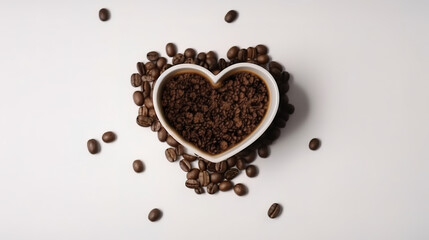Heart made from coffee beans and ground coffee on a white surface. Generative Ai