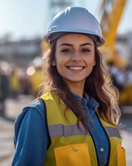 Beatiful confidence woman builder worker in uniform and safety helmet smilling. Labour day. 