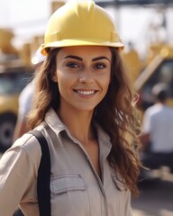 Beatiful confidence woman builder worker in uniform and safety helmet smilling. Labour day. 