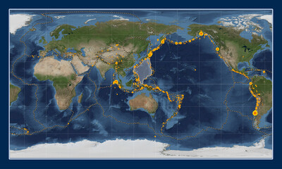 Philippine Sea tectonic plate. Satellite. Patterson Cylindrical. Earthquakes and boundaries