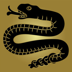 Rattle snake from Aztec codex. Native American art of ancient Mexico. Black and gold silhouette.