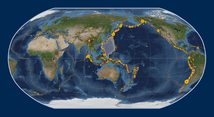 Philippine Sea tectonic plate. Satellite. Robinson. Earthquakes and boundaries © Yarr65