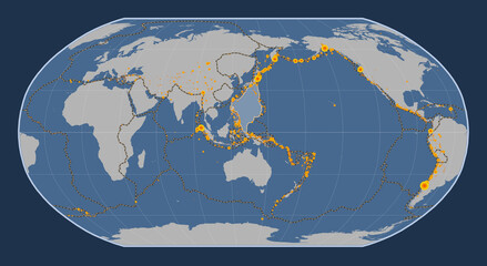 Philippine Sea tectonic plate. Contour. Robinson. Earthquakes and boundaries