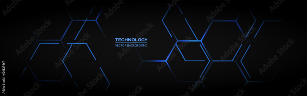 Leinwandbilder abstract black and blue hexagon vector technology background. wide horizontal banner with blue honey