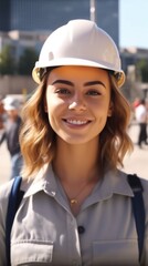 Beatiful confidence woman builder worker in uniform and safety helmet smilling. Labour day.