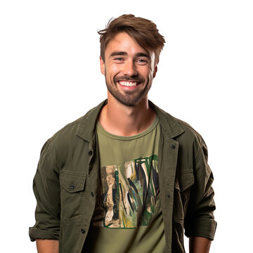 man dressed in green graphic T-shirt with a bold print, olive green denim jacket,  isolated on a transparent white background 