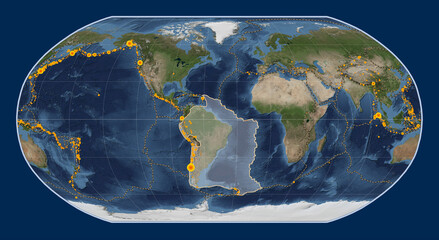 South American tectonic plate. Satellite. Robinson. Earthquakes and boundaries - obrazy, fototapety, plakaty