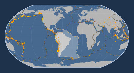 South American tectonic plate. Contour. Robinson. Earthquakes and boundaries