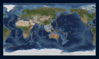 Sunda tectonic plate. Satellite. Patterson Cylindrical. Volcanoes and boundaries
