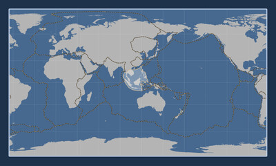 Sunda tectonic plate. Contour. Patterson Cylindrical. Boundaries