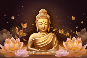 Buddha golden statue decorated with lotus blossoms, generative AI	