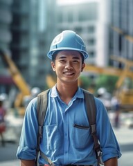 Beatiful confidence asian man builder worker in uniform and safety helmet smilling. Labour day. Generative AI