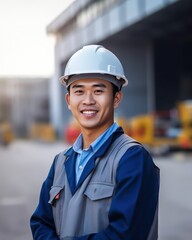 Beatiful confidence asian man builder worker in uniform and safety helmet smilling. Labour day. Generative AI