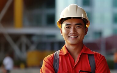 Beatiful confidence asian man builder worker in uniform and safety helmet smilling. Labour day. Generative AI