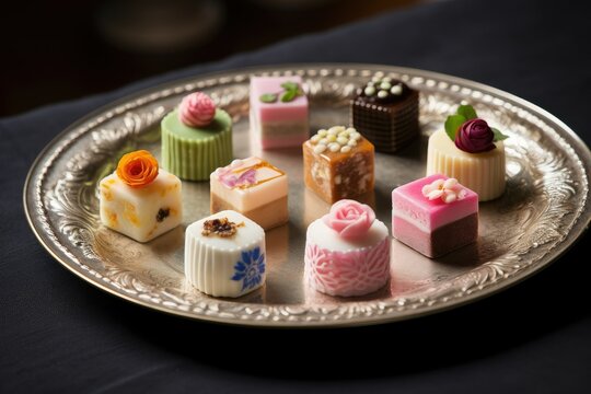 Petit fours on a silver tray. Generative AI