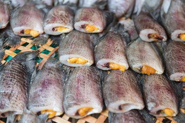 Snake Skin Gourami Fish called Pla Salit in Thai language for sell in Thai fresh market.