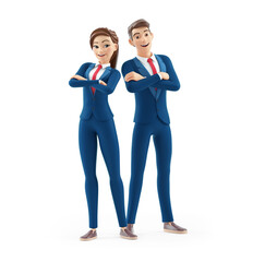 3d cartoon businessman and businesswoman with arms crossed