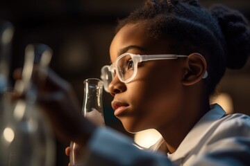 A close up of school-age boy child participating in a science experiment, wearing a lab coat and observing chemical reactions. The background is a science lab with beakers, test tubes. Generative AI.