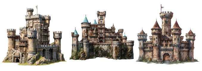 Old fairytale castle, medieval castle isolated on transparent background - obrazy, fototapety, plakaty