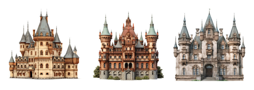 Old fairytale castle, medieval castle isolated on transparent background