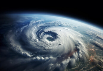 Space view of an incipient tornado becoming a gigantic hurricane, swirling above the Earth. Conceptual illustration of the effects of climate change - Generative AI