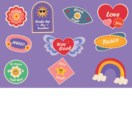 Retro Trendy Emotion Stickers Set. Colorful retro cartoon label shape set. Collection of trendy vintage y2k sticker shapes. Funny soft pastel color quote sign bundle. Cute children icon