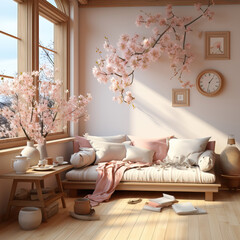Simple room interior in soft pink with a view from the window.