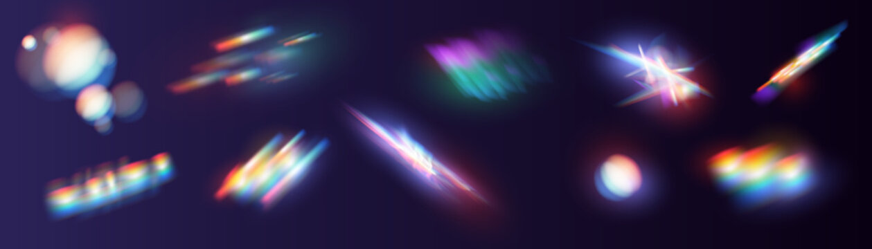 Set of colorful vector lenses and light flares with transparent effects. Iridescent crystal leak glare reflection effect. Optical rainbow lights, glare, leak, streak overlay. falling confetti. Vector
